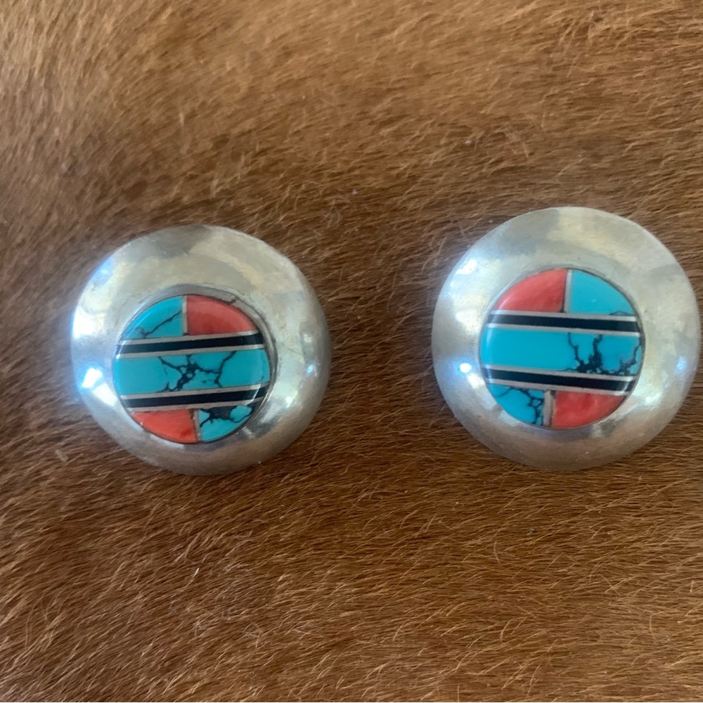 NATIVE AMERICAN STERLING SILVER TURQUOISE / CORAL EARRINGS. - Picture 1 of 4